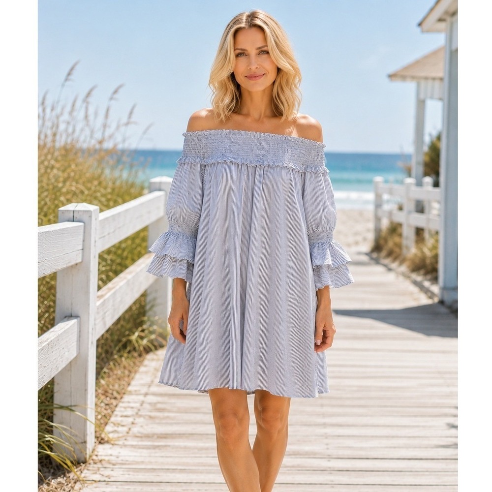 Smocked Cotton Off Shoulder Ruffle Dress PXL Blue Railroad Stripe Coastal Beach